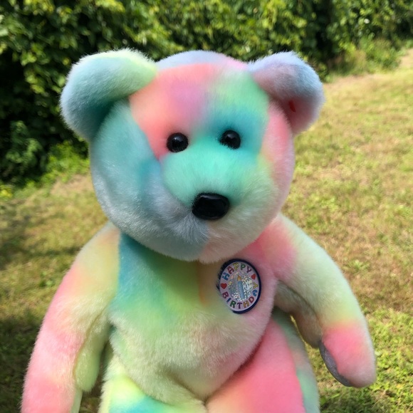The Beanie Buddies Collection by TY 2001 B.B. Tie Dye Birthday Buddy Bear💛💙🩷 - Picture 11 of 14